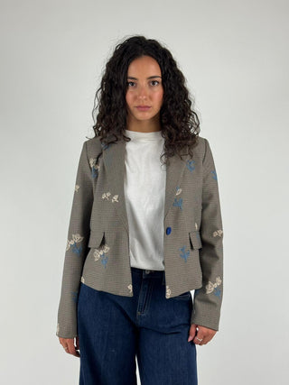 Giacca crop fantasia check ricamata - GK04787