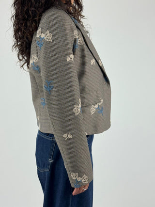 Giacca crop fantasia check ricamata - GK04787