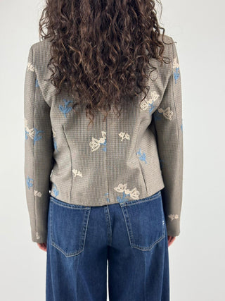 Giacca crop fantasia check ricamata - GK04787