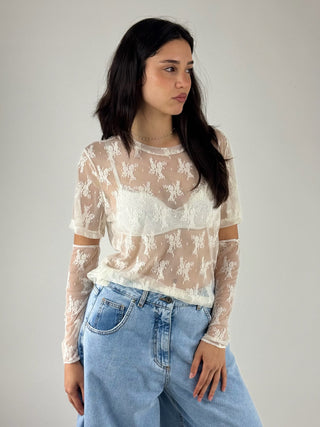 T-shirt pizzo con manicotti - K2369AI53