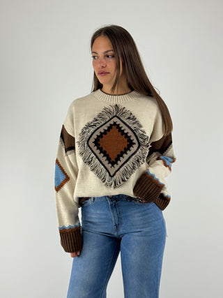 Maglione rombo in fantasia con frange - W5HMJ38A400