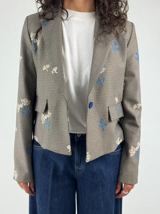 Giacca crop fantasia check ricamata - GK04787