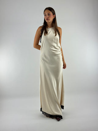 Abito lungo in satin con inserti in pizzo - 37504GA
